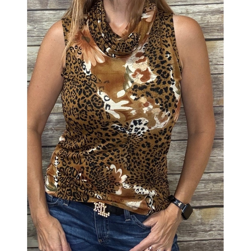 Susan Lawrence Sleeveless Top M Medium Animal Print Floral Cowl Neck Y2K Leopard
